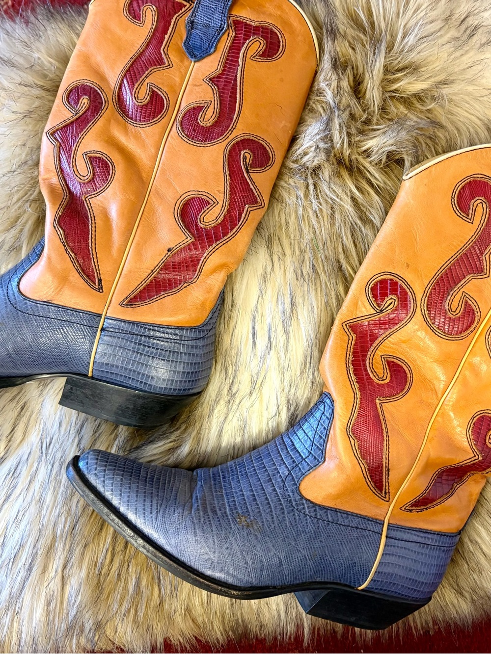 Nine West Two-Tone Western Booties in Blue, Tan & Red